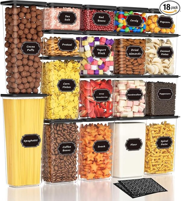 Nifogo Airtight Food Storage Containers with Lids 18 Pack, kitchen Storage Containers, Kitchen and Pantry Organization Set, for Cereal, Flour, Sugar, Pasta, Dry Food, Include 60 Labels